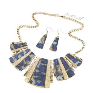 Bohemian Bib Necklace &‎ Earrings Set Gold Chain Blue Printed Resin Alloy